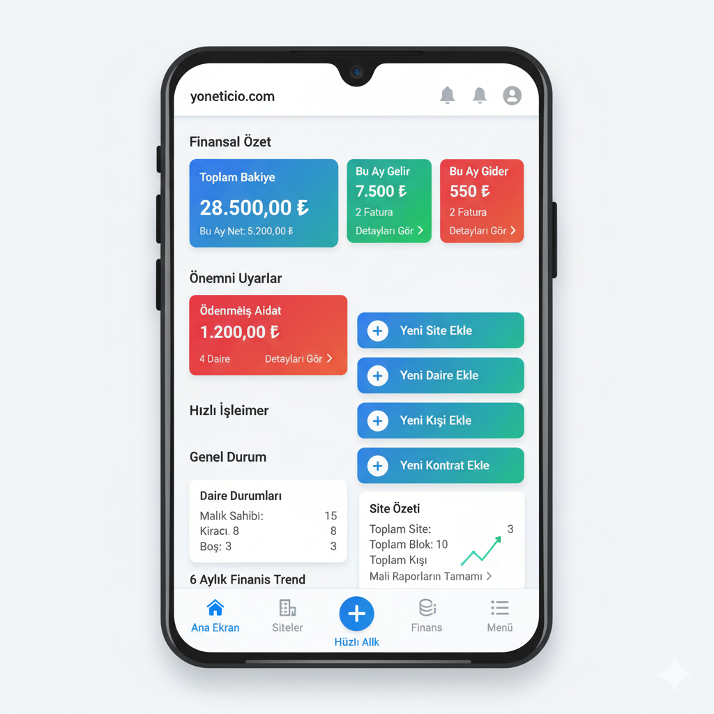 Yöneticio mobil uygulama ekran görüntüsü - Finansal özet, aidat takip ve hızlı işlemler