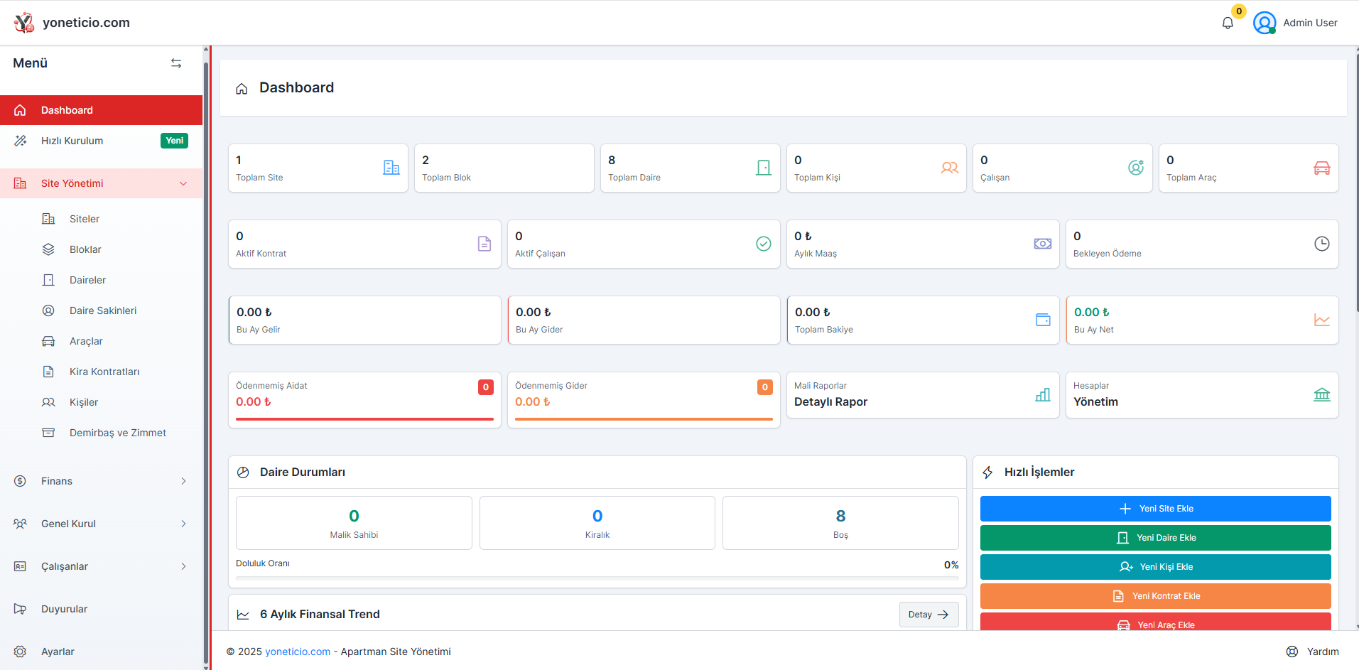 Yöneticio apartman ve site yönetim programı ekran görüntüsü - Aidat takip, gelir gider ve duyuru paneli